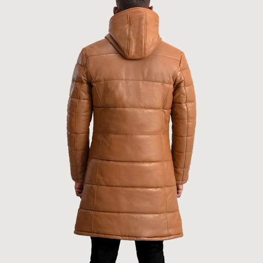 Floyd Tan Hooded Leather Puffer Coat - Leather Clan