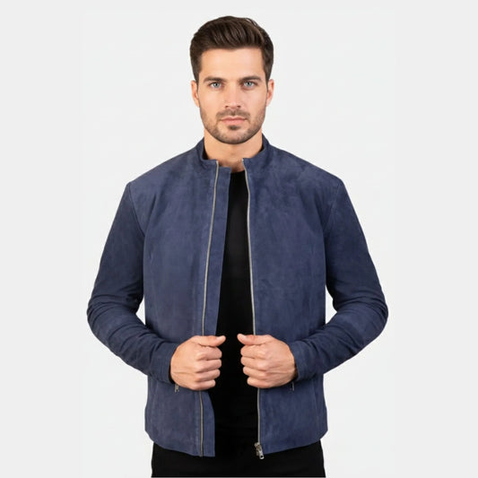 Charcoal Navy Blue Suede Biker Jacket