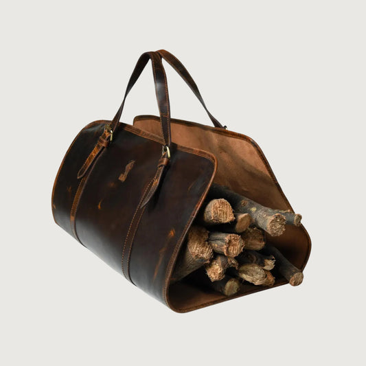 Full-Grain Brown Leather Firewood Log Carrier