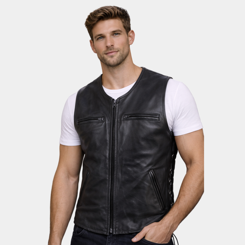 V-Neck Motorcycle Leather Biker Vest