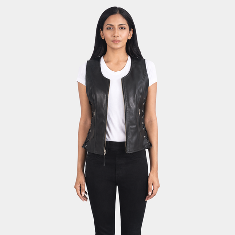 Vanda Black Leather Biker Vest