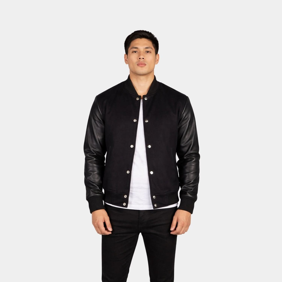 Vaxton Black Hybrid Varsity Jacket - Leather Clan