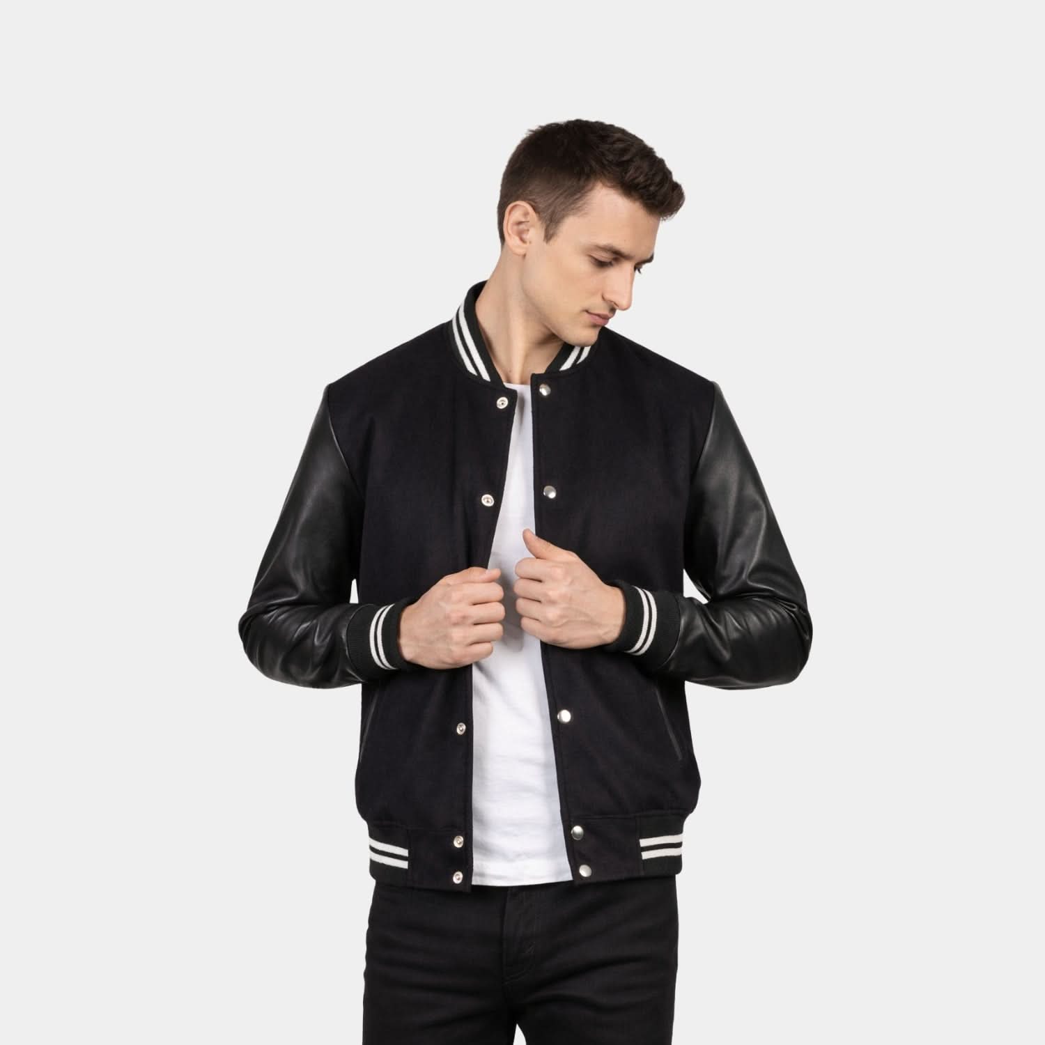 Vaxton Black Striped Hybrid Varsity Jacket - Leather Clan