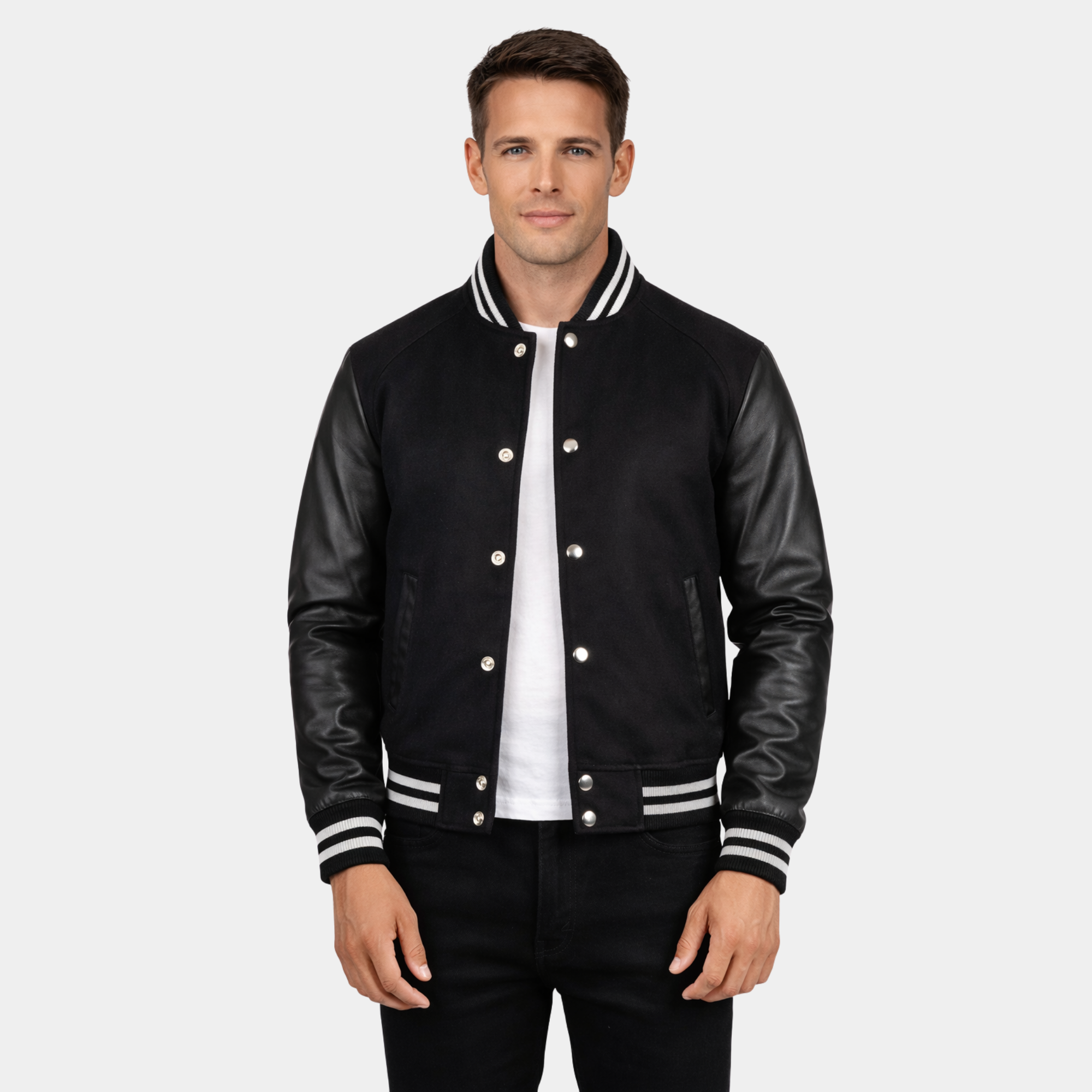 Vaxton Black Striped Hybrid Varsity Jacket - Leather Clan