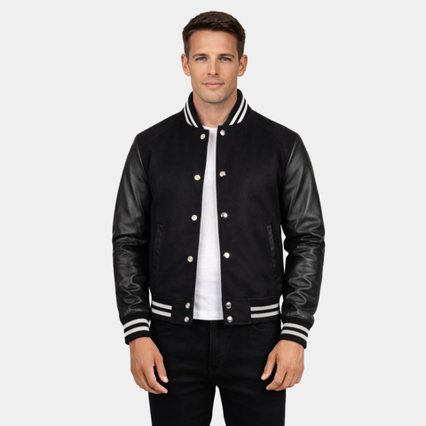 Vaxton Black Striped Hybrid Varsity Jacket - Leather Clan