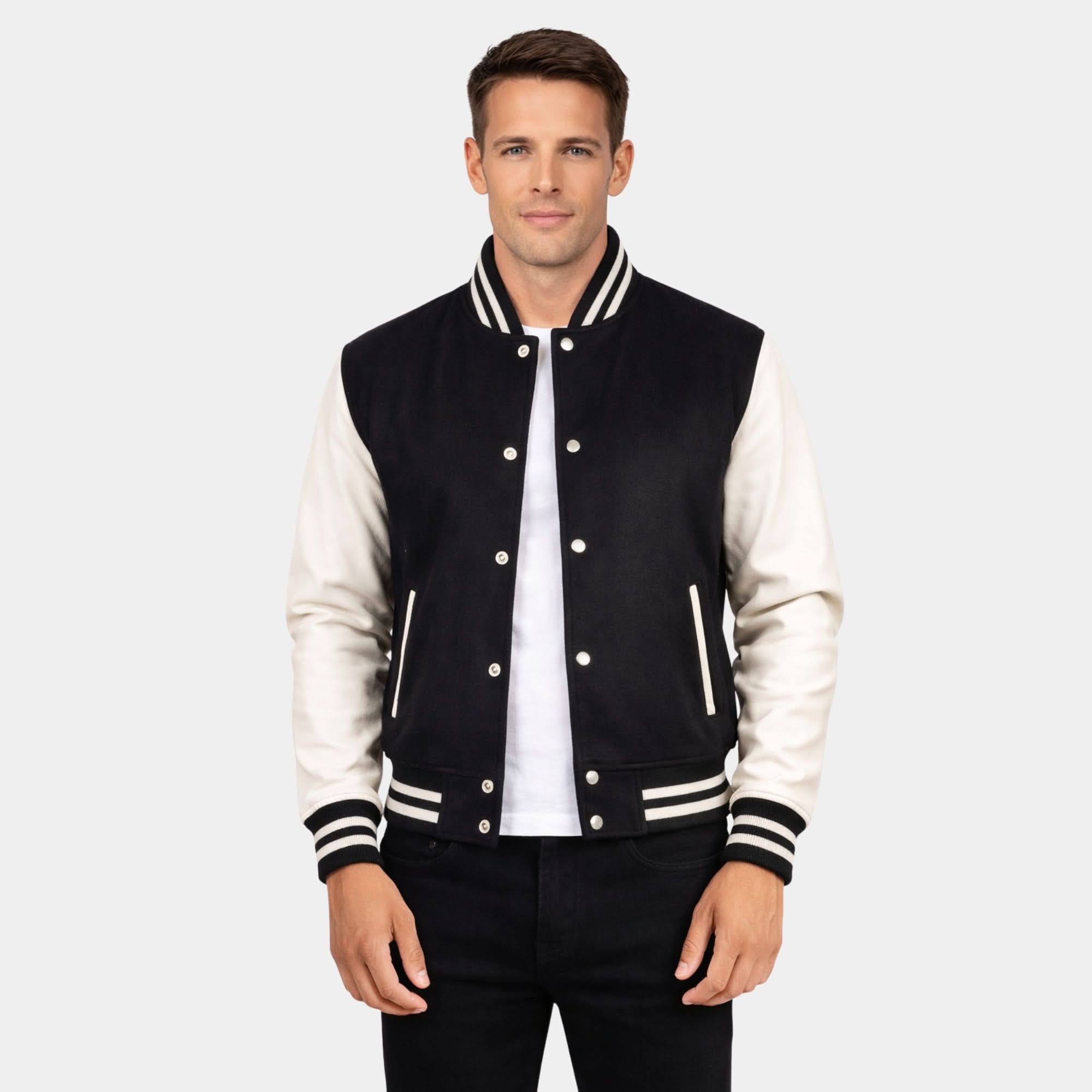 Vaxton Black & White Hybrid Varsity Jacket - Leather Clan