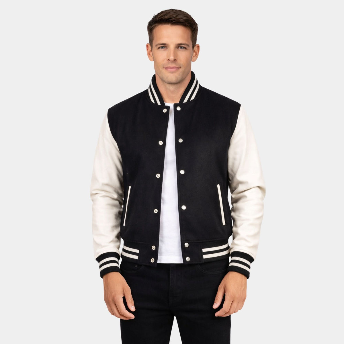 Vaxton Black & White Hybrid Varsity Jacket - Leather Clan