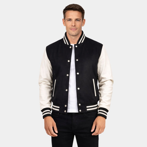 Vaxton Black & White Hybrid Varsity Jacket - Leather Clan