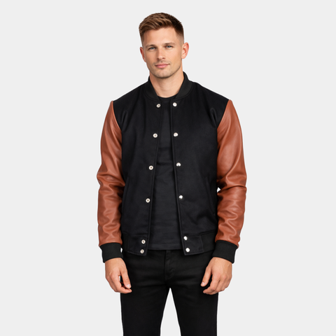 Vaxton Brown & Black Hybrid Varsity Jacket