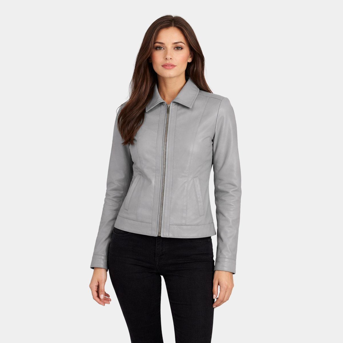 Vixen Grey Classic Collar Leather Jacket