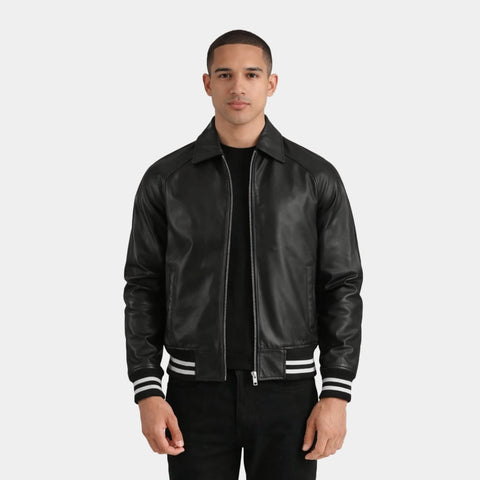 Walton Black Leather Varsity Jacket - Leather Clan