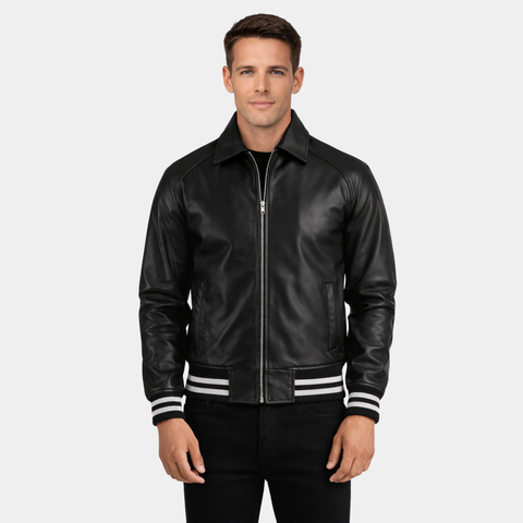 Walton Black Leather Varsity Jacket - Leather Clan