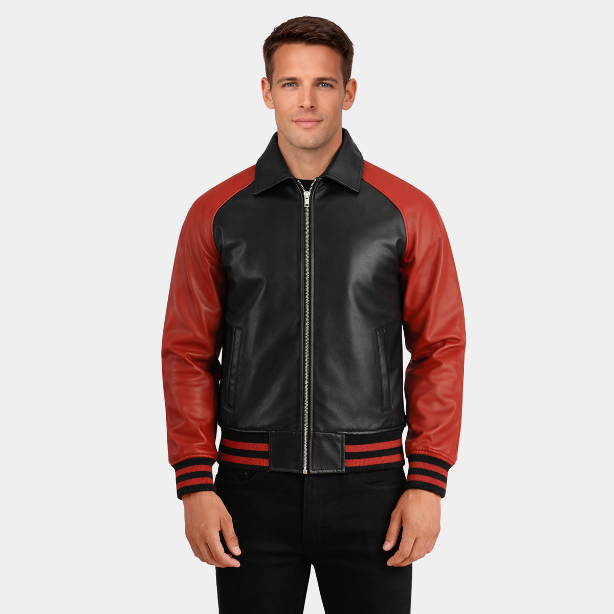 Walton Black & Red Leather Varsity Jacket - Leather Clan