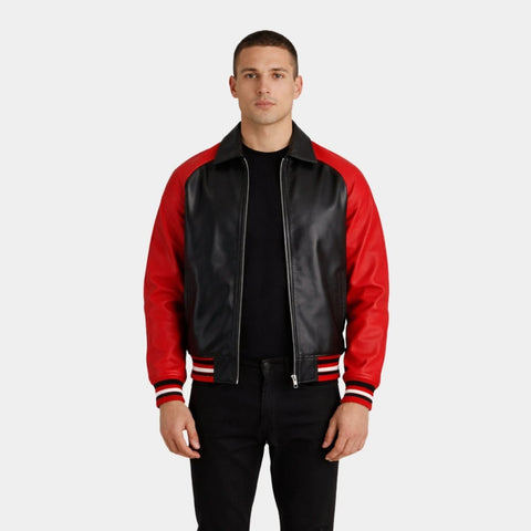 Walton Black & Red Leather Varsity Jacket - Leather Clan