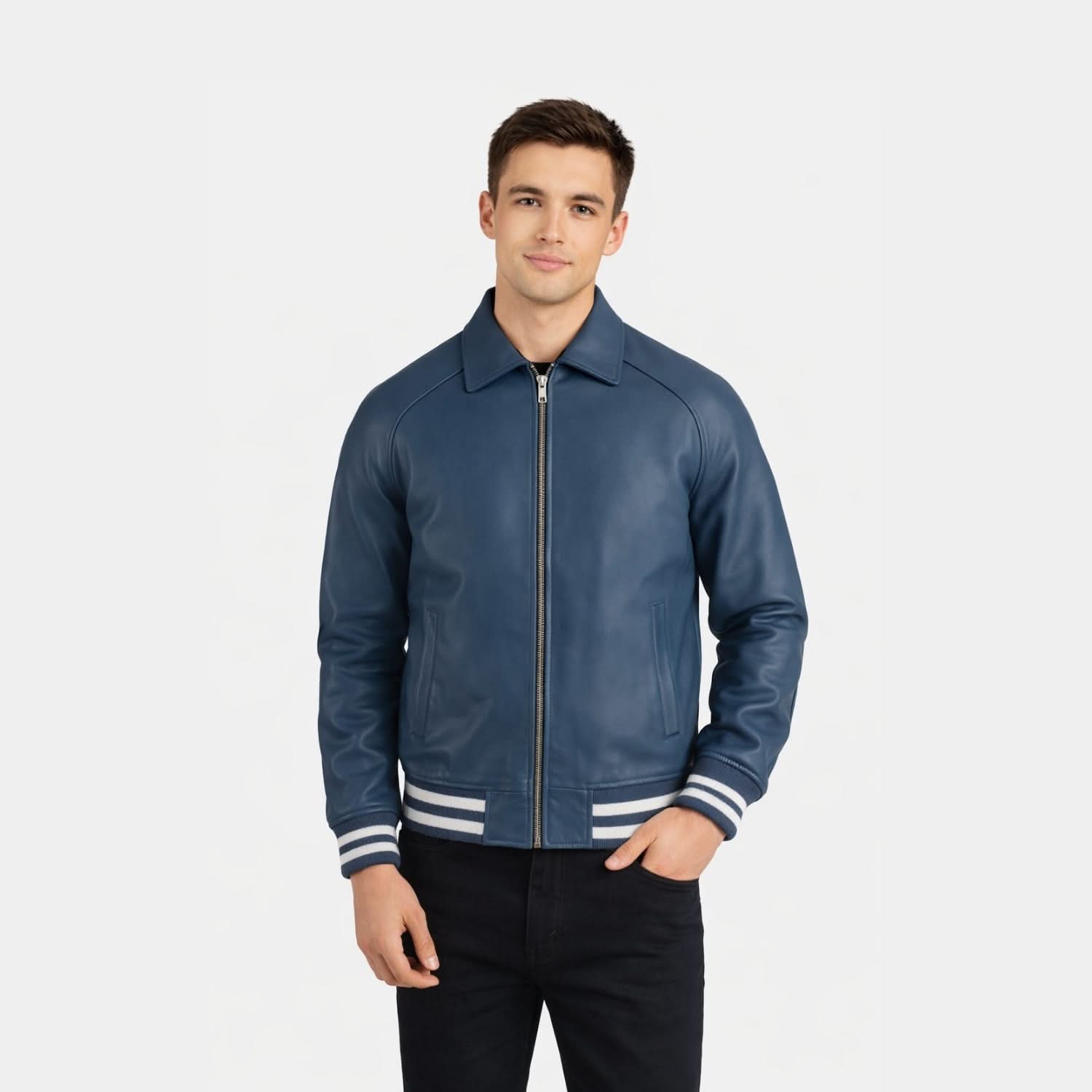 Walton Blue Leather Varsity Jacket - Leather Clan