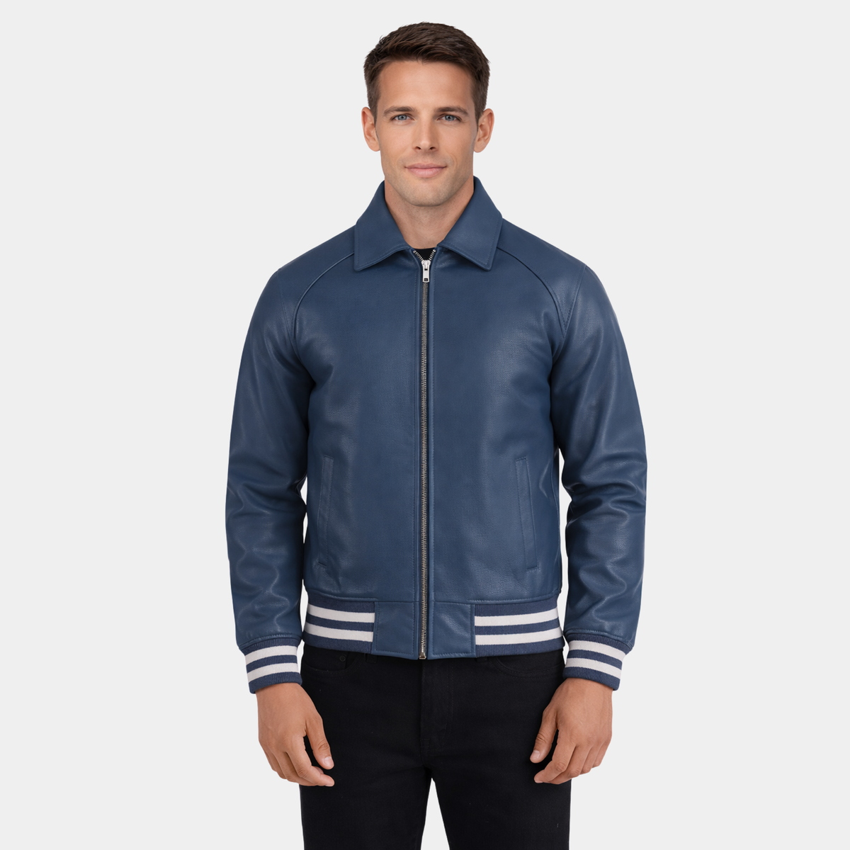 Walton Blue Leather Varsity Jacket - Leather Clan