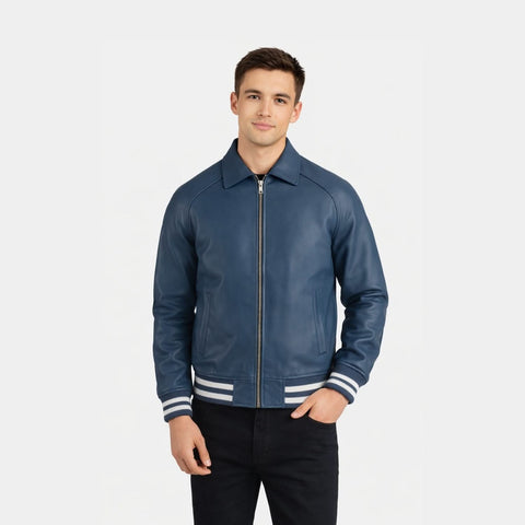 Walton Blue Leather Varsity Jacket - Leather Clan