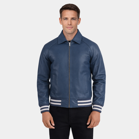 Walton Blue Leather Varsity Jacket - Leather Clan