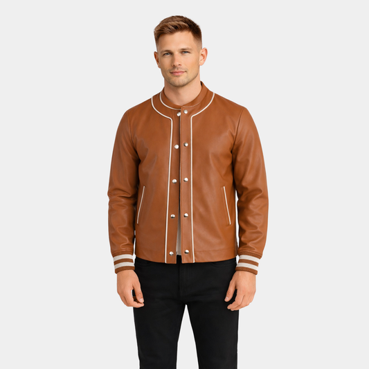 Willis Tan Brown Leather Varsity Jacket