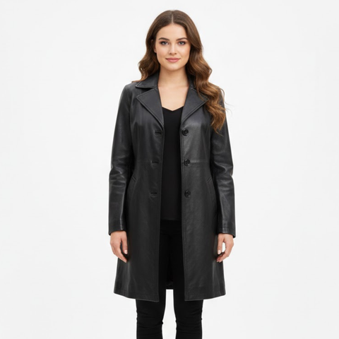 Women Black Real Leather Car Coat