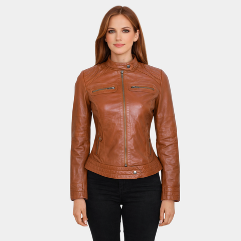 Women Classic Motorcycle Brown Leather Jacket