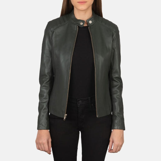Kelsee Green Leather Biker Jacket - Leather Clan