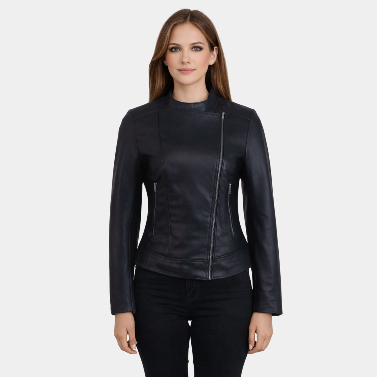 Women Round Necked Black Leather Jacket