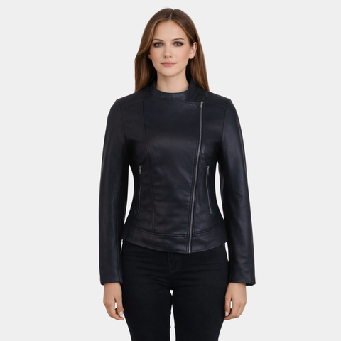 Women Round Necked Black Leather Jacket