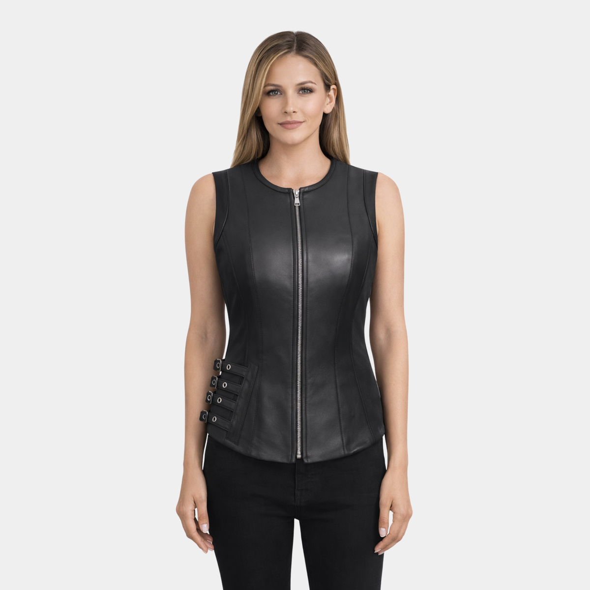 Women's Front Zip Closure Biker Leather Vest