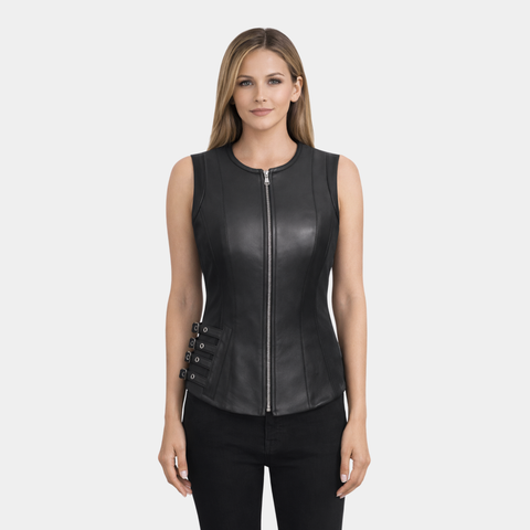 Women's Front Zip Closure Biker Leather Vest