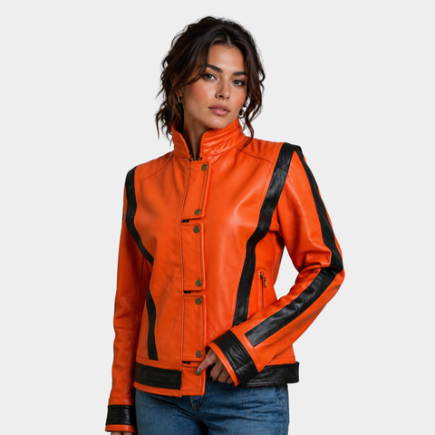 Women's Orange Biker Leather Jacket – Motorcycle Celebrity Style
