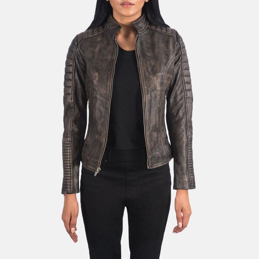 Adalyn Quilted Distressed Brown Leather Biker Jacket - Leather Clan