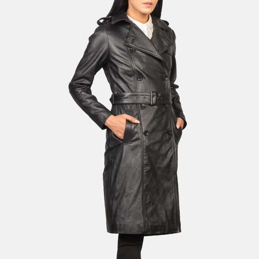 Alice Black Double Breasted Leather Coat - Leather Clan