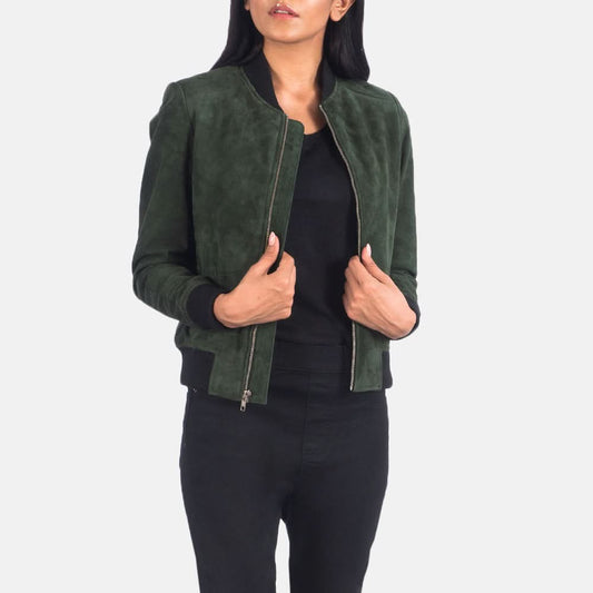 Bliss Green Suede Bomber Jacket - Leather Clan