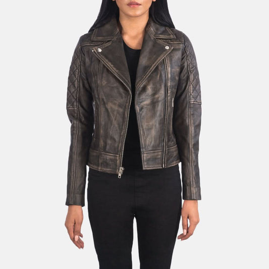 Carolyn Quilted Distressed Brown Biker Jacket - Leather Clan