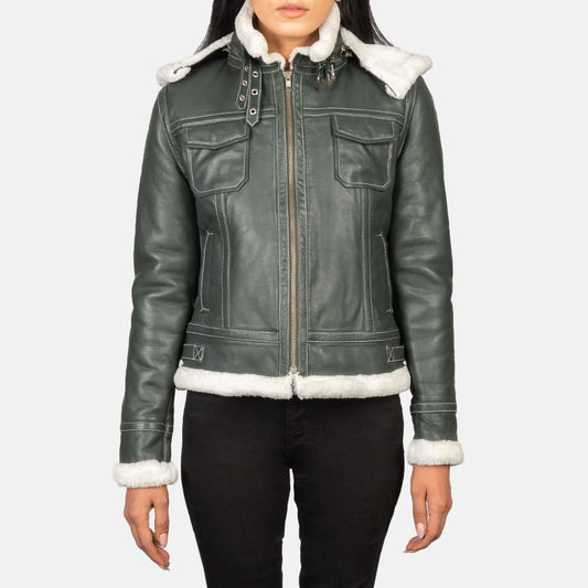 Fiona Green Hooded Shearling Leather Jacket - Leather Clan