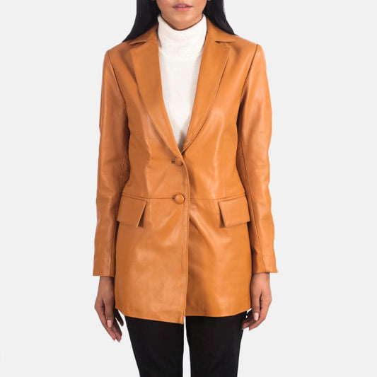 Marilyn Tan Brown Leather Blazer - Leather Clan