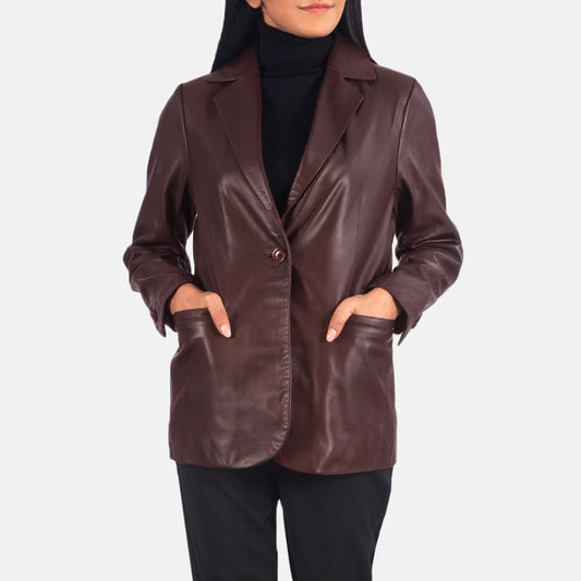 Norma Maroon Leather Blazer - Leather Clan