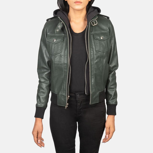 Roslyn Green Hooded Leather Bomber Jacket - Leather Clan