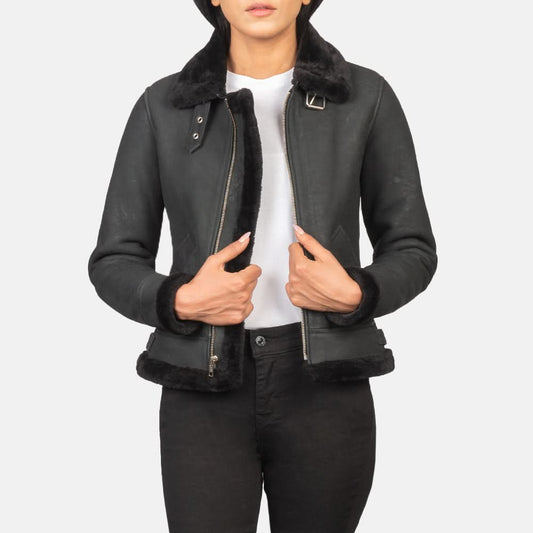 Sherilyn B-3 Distressed Black Leather Bomber Jacket - Leather Clan