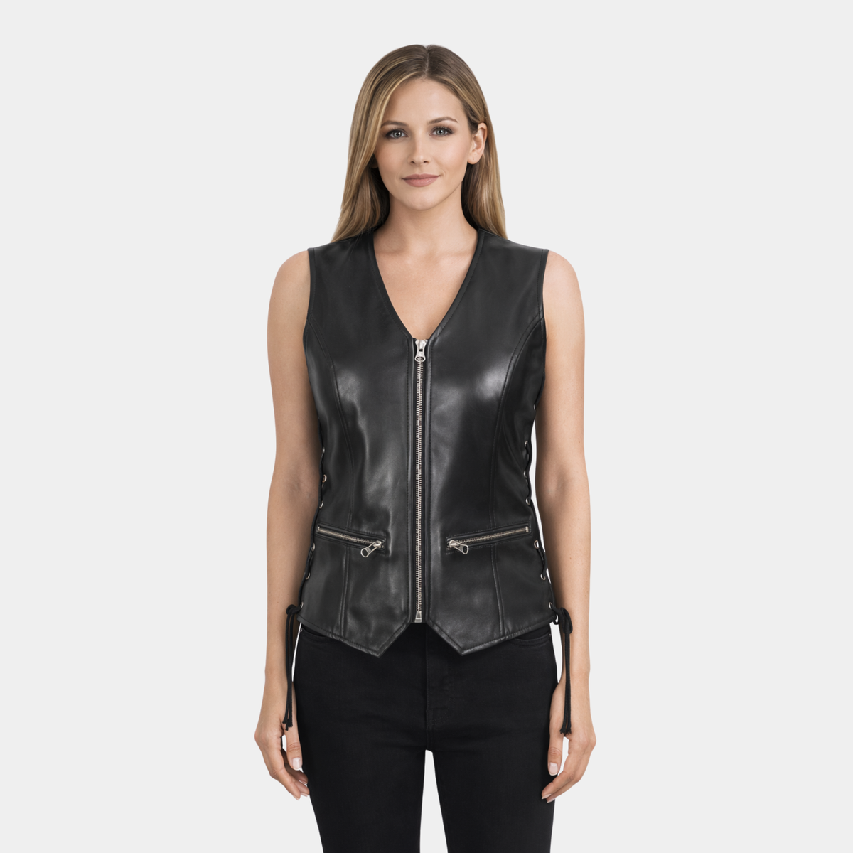 Womens Motorcycle Black Leather Zipper Vest