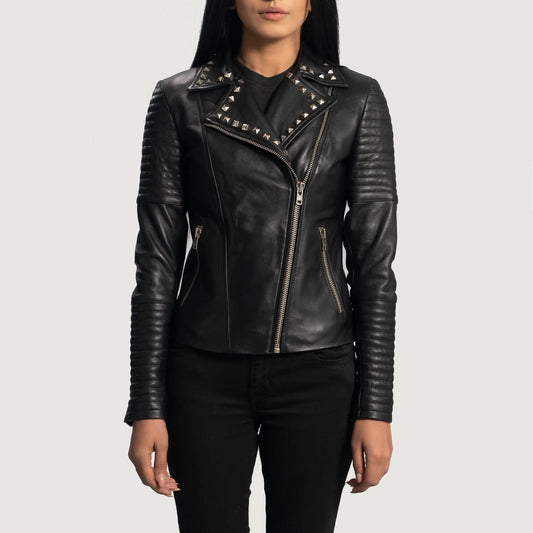 Sally Mae Studded Black Leather Biker Jacket - Leather Clan