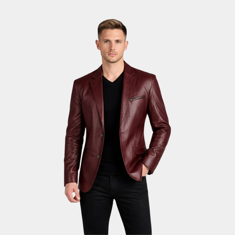 YKK Zippers Burgundy Lambskin Leather Blazer - Leather Clan