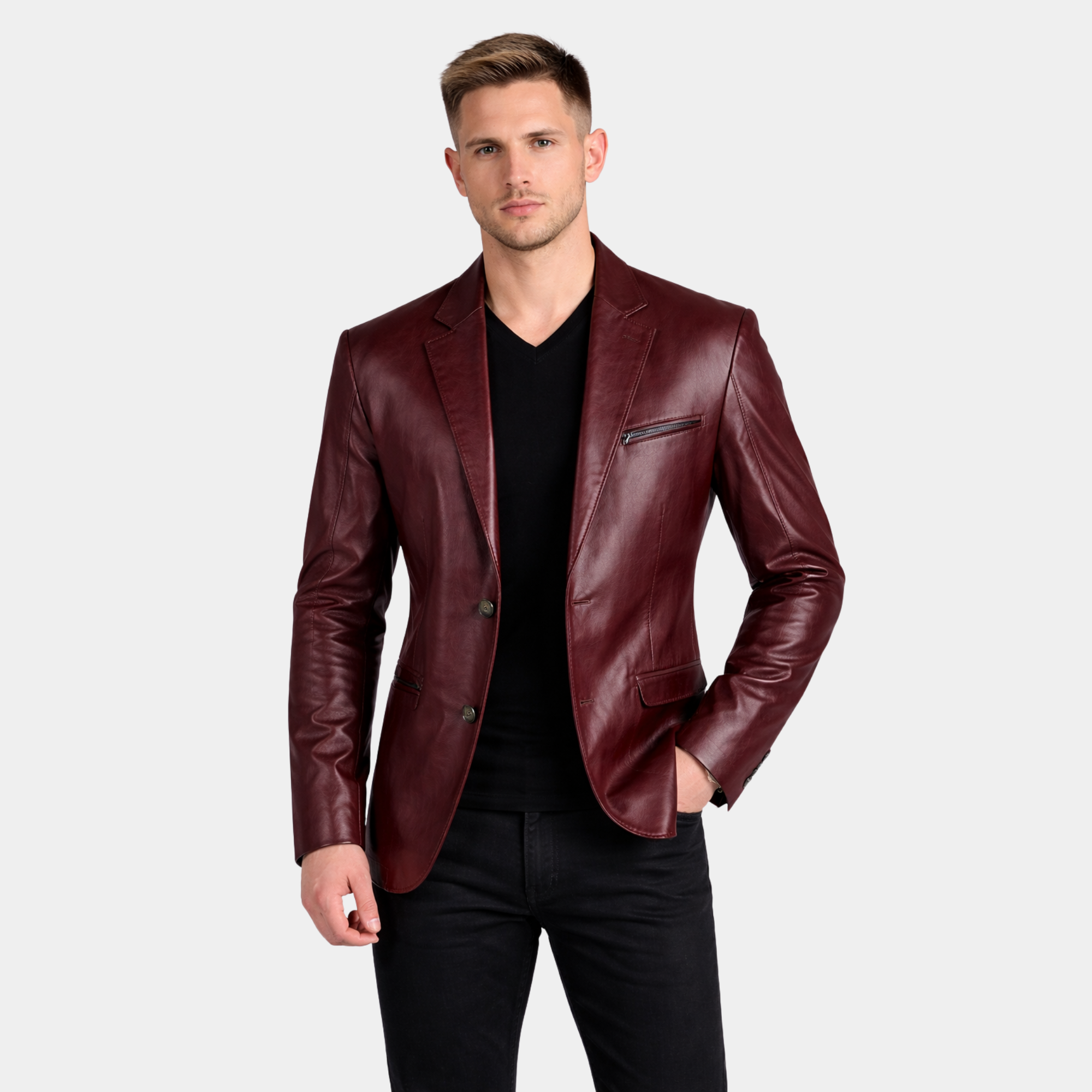YKK Zippers Burgundy Lambskin Leather Blazer - Leather Clan