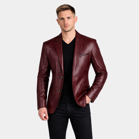 YKK Zippers Burgundy Lambskin Leather Blazer - Leather Clan