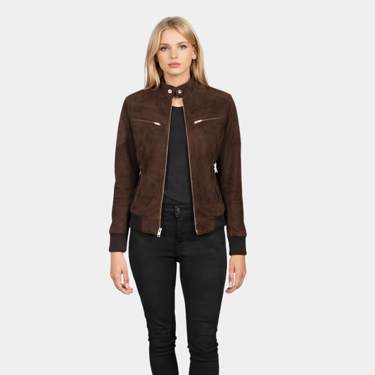 Zenna Mocha Suede Bomber Jacket - Leather Clan