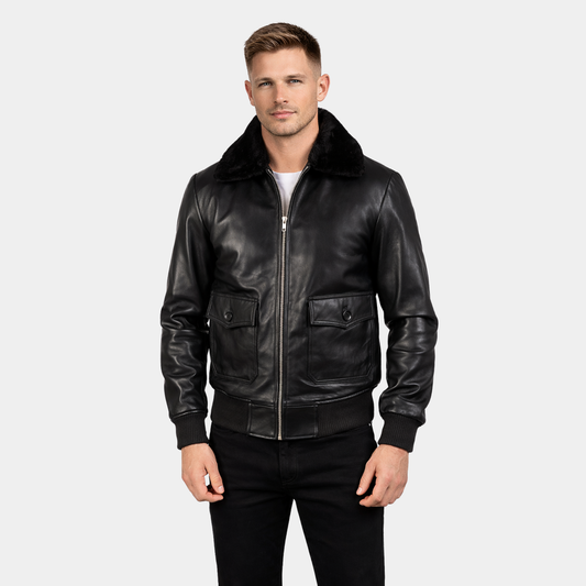 Zipper Black Leather Bomber Jacket