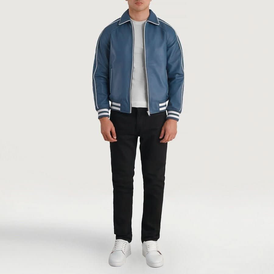 Cooper Blue Leather Varsity Jacket - Leather Clan