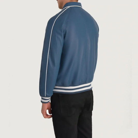 Cooper Blue Leather Varsity Jacket - Leather Clan