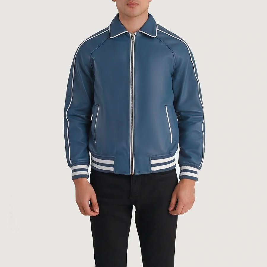 Cooper Blue Leather Varsity Jacket - Leather Clan